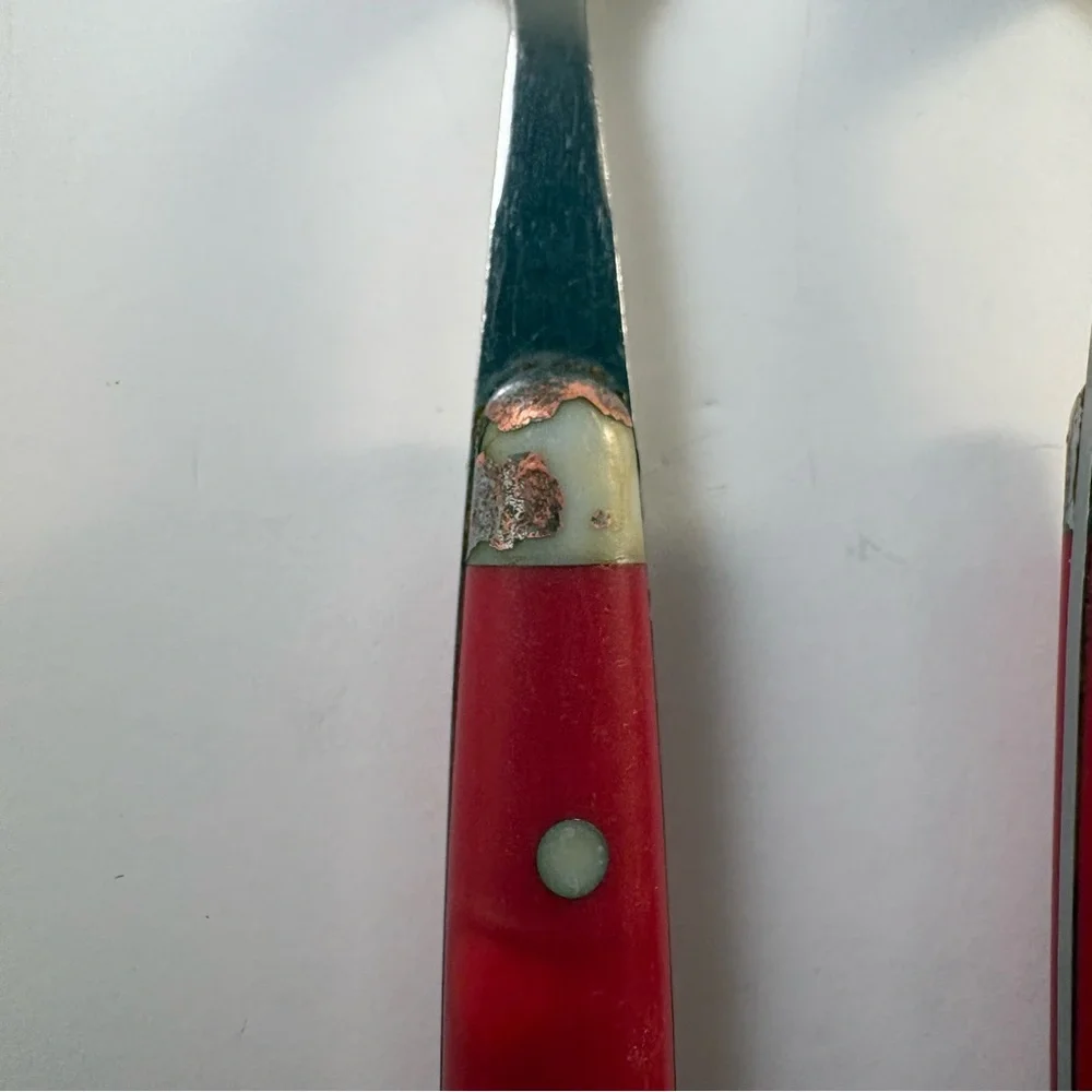 10 Red Riveted Plastic‎ Handle Stainless Flatware Spoons Forks Knife